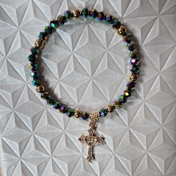 Gold and Purple/Green Multicolor Beaded Bracelet with Cross Charm Pendant - Picture 1 of 2